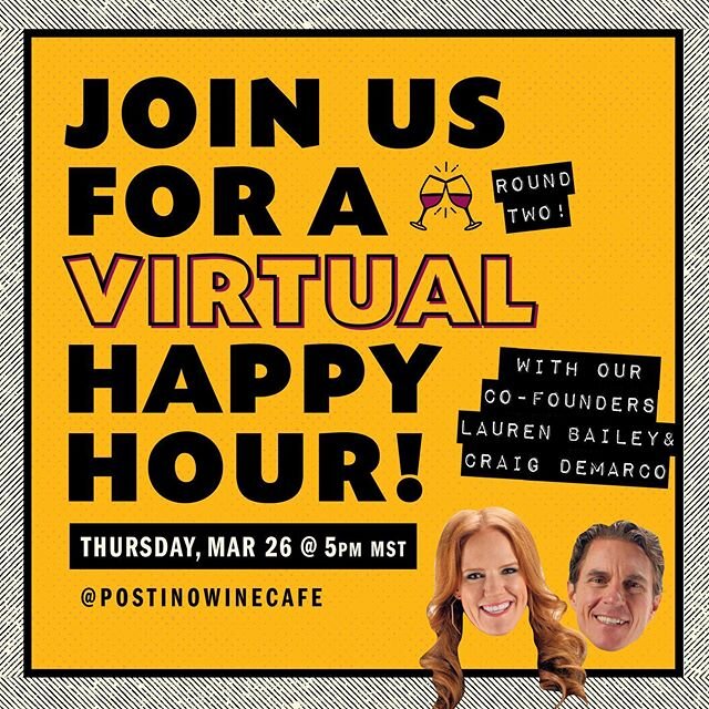 Virtual Happy Hour #2 with our founders Lauren & Craig 🍷 They’ll be whippin’ up bruschetta, answering questions and hanging out! Grab a glass of wine and tune in TODAY @ 5pm (MST) on Instagram Live @postinowinecafe!